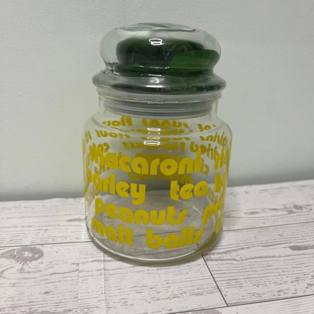 VTG Glass Kitchen Canister Yellow Typography Print‎ Green Bubble Lid Jar MCM 70s